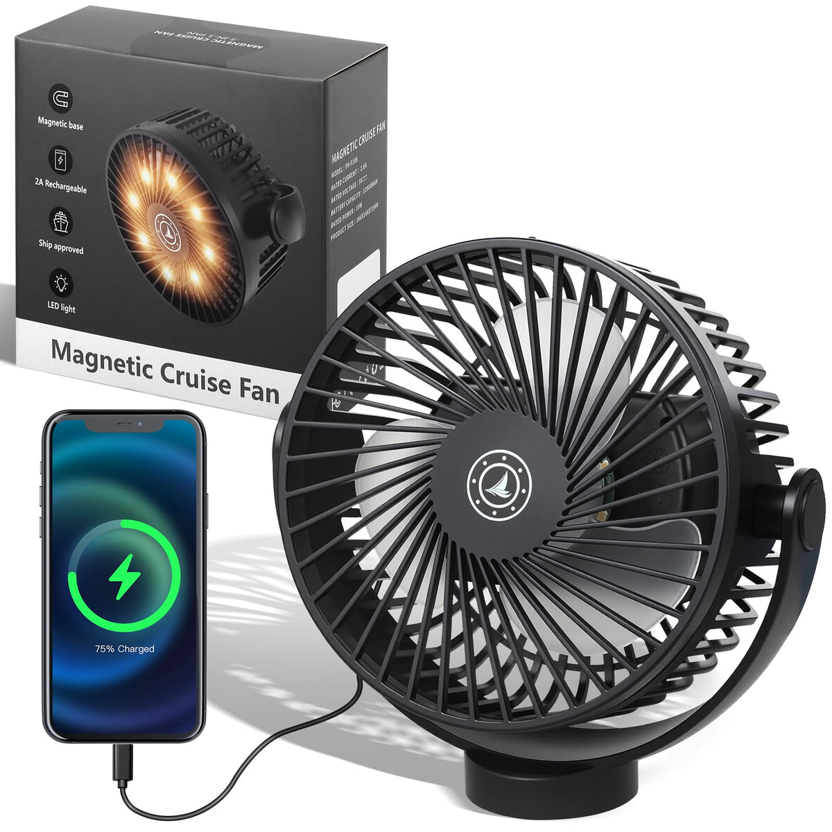 Fanopera magnetic cruise fan mounted to cabin ceiling for hands-free cooling.