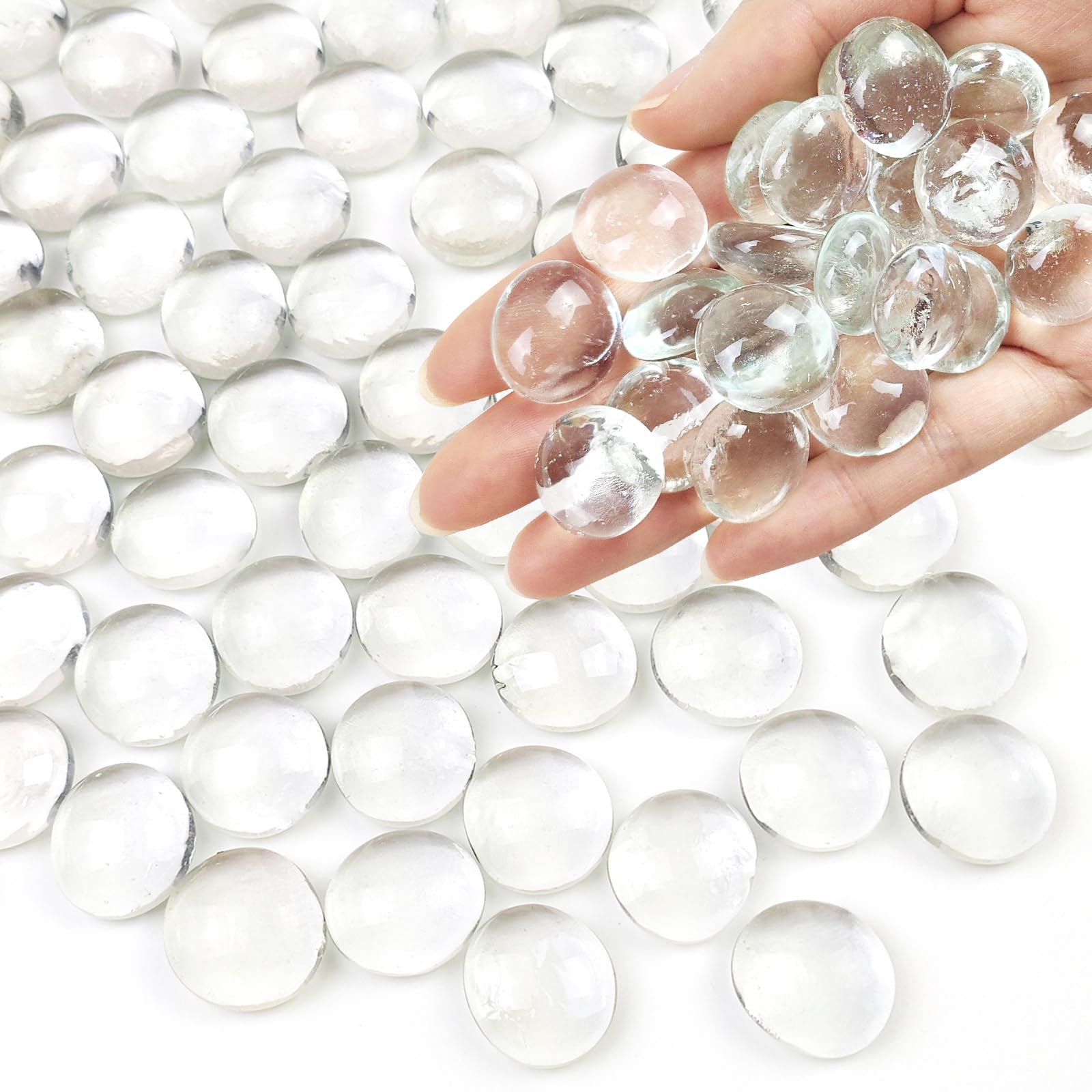FANTIAN fire pit glass rocks in clear flat beads for radiant flame accents.