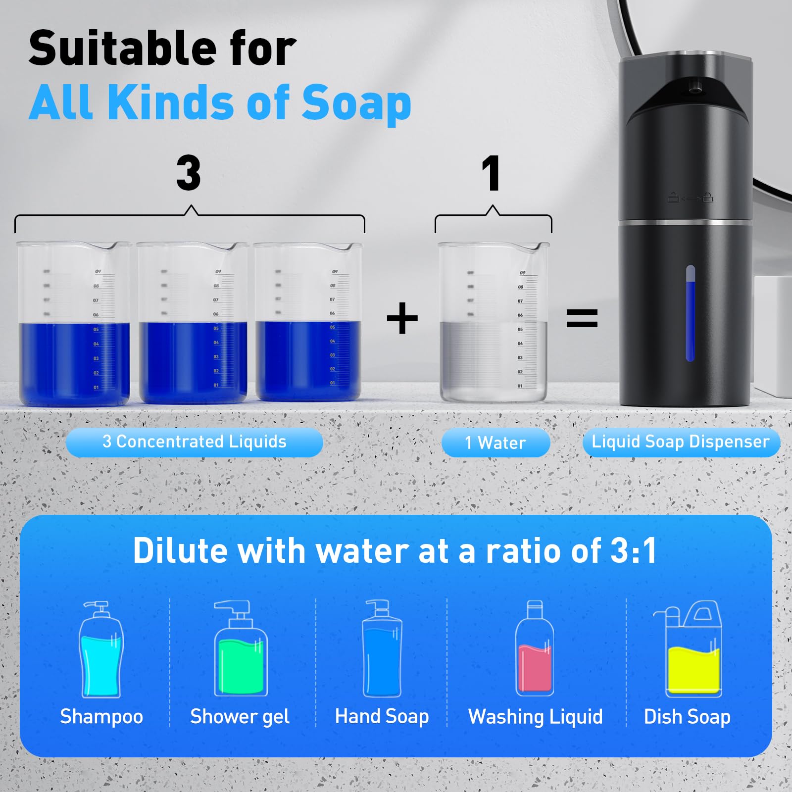 Fantictas compatible with liquid soap and sanitizer for versatility.