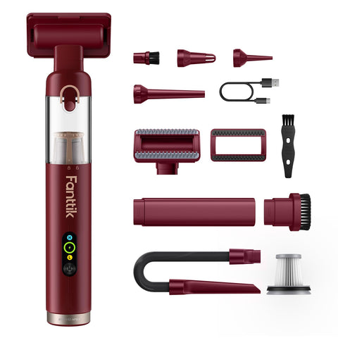 Fanttik Slim V10 Apex red cordless car vacuum with dustbin access for quick cleanup.