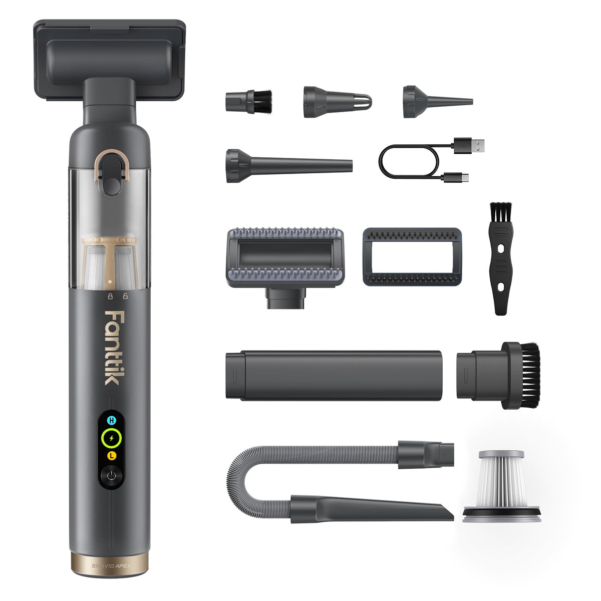 Fanttik Slim V10 Apex digital display shows real-time status during quick cleanups.