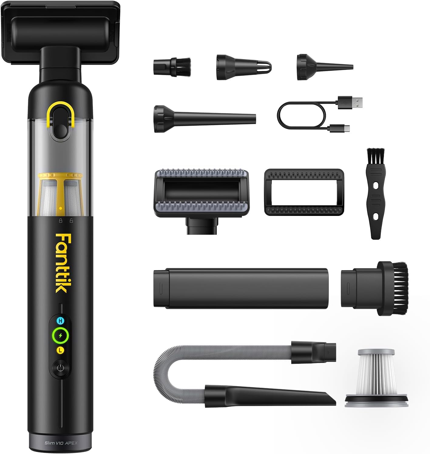 Fanttik Slim V10 APEX digital display shows battery level and mode.