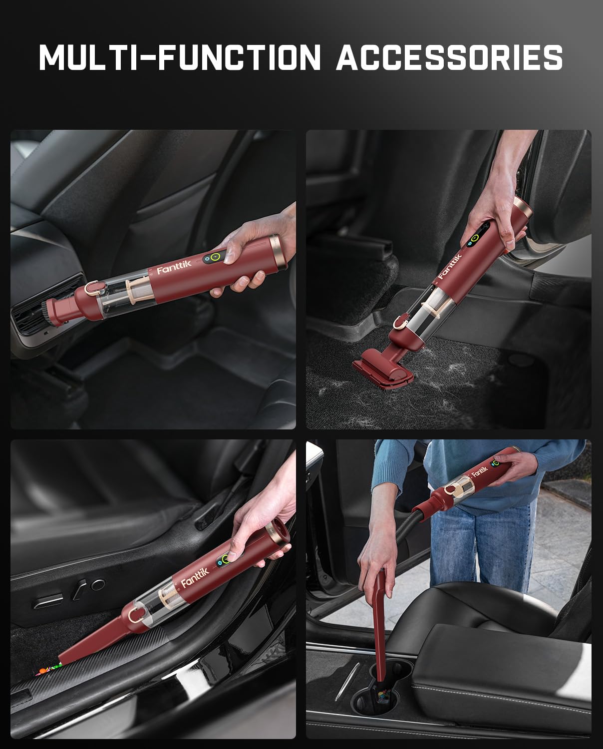Fanttik Slim V10 Apex high suction mode cleans deep into car interiors.