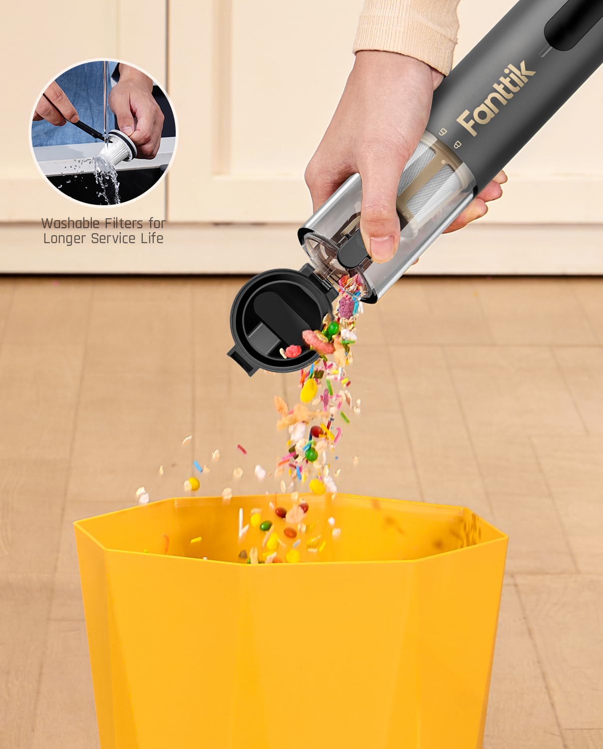 Fanttik Slim V10 Apex easy-dust disposal with a single-button feature.