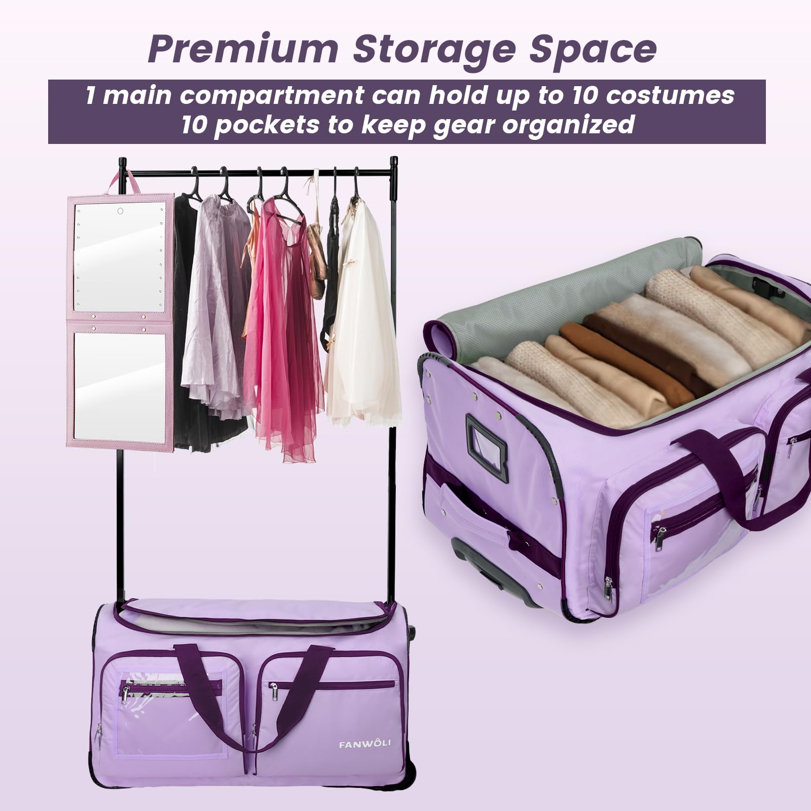 Fanwoli durable duffle with rack keeps costumes secure during performance prep.