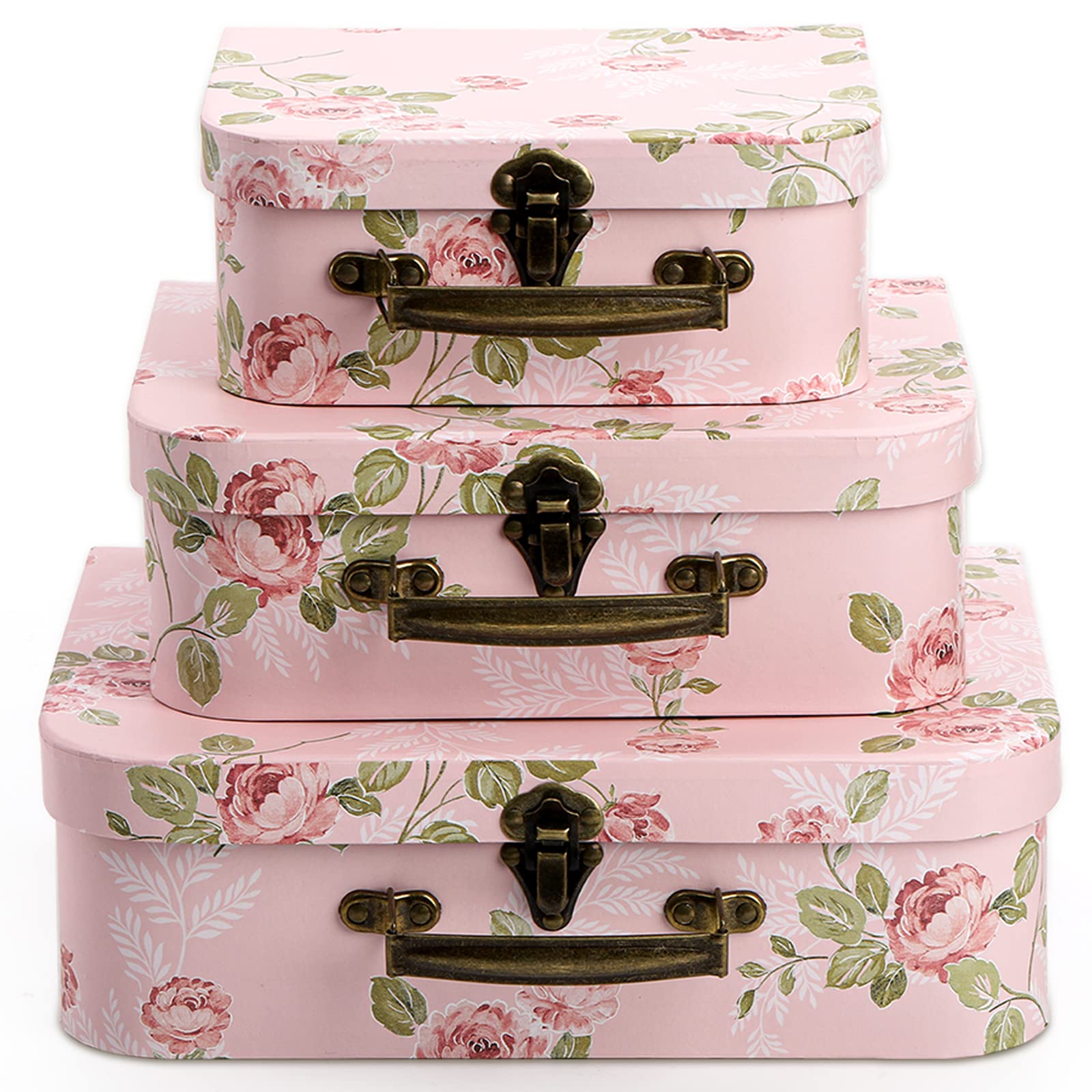Fasmov 3 pack small pink suitcase box for photo storage and keepsakes