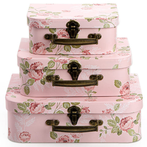 Fasmov 3 pack small pink suitcase box for photo storage and keepsakes
