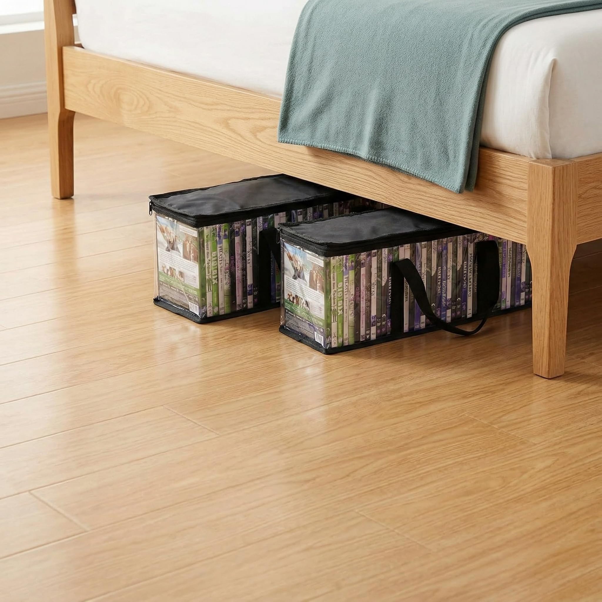 Fasmov under-bed friendly storage keeps media neatly tucked away