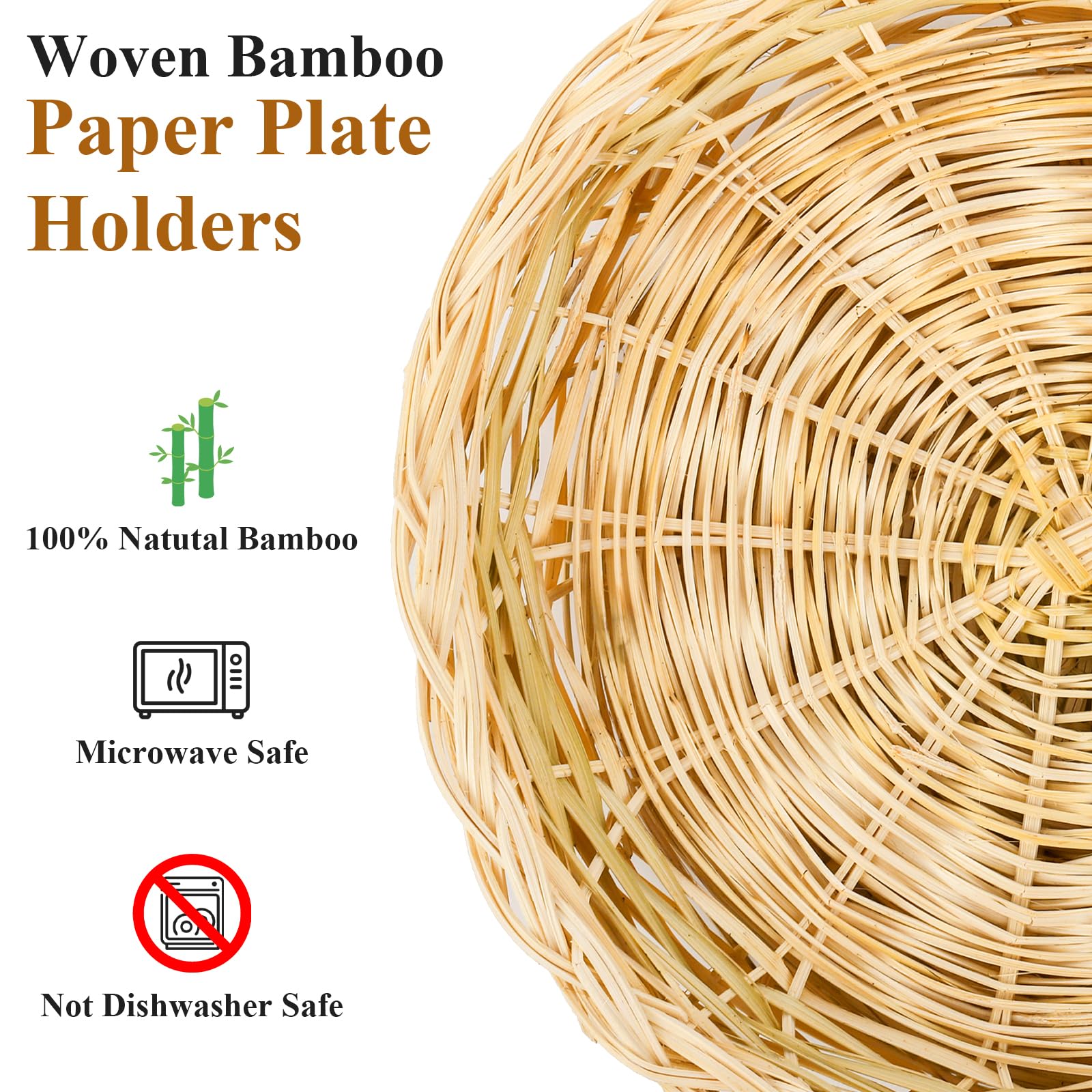 Fasmov handwoven bamboo plate holder in brown wicker adds rustic charm while dining.