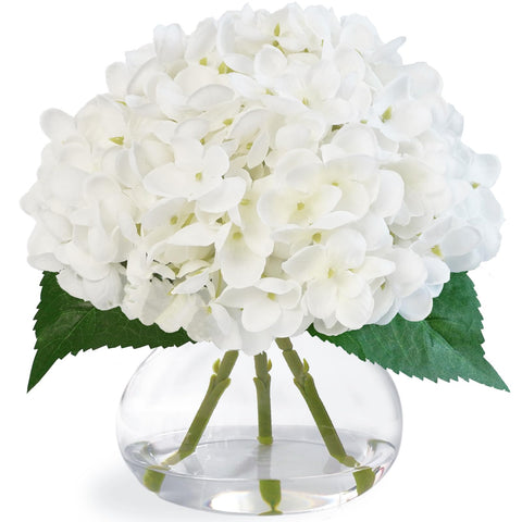 Fawairyc hydrangea silk flowers in a glass vase for elegant dining table decor.