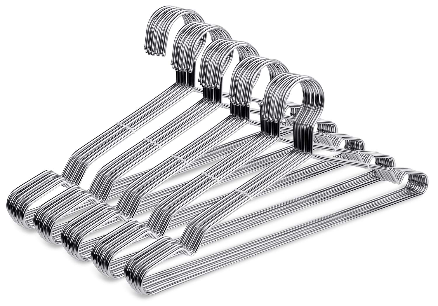 Fayleeko stainless steel wire hangers 50-pack, 16.5-inch length for compact closet organization.