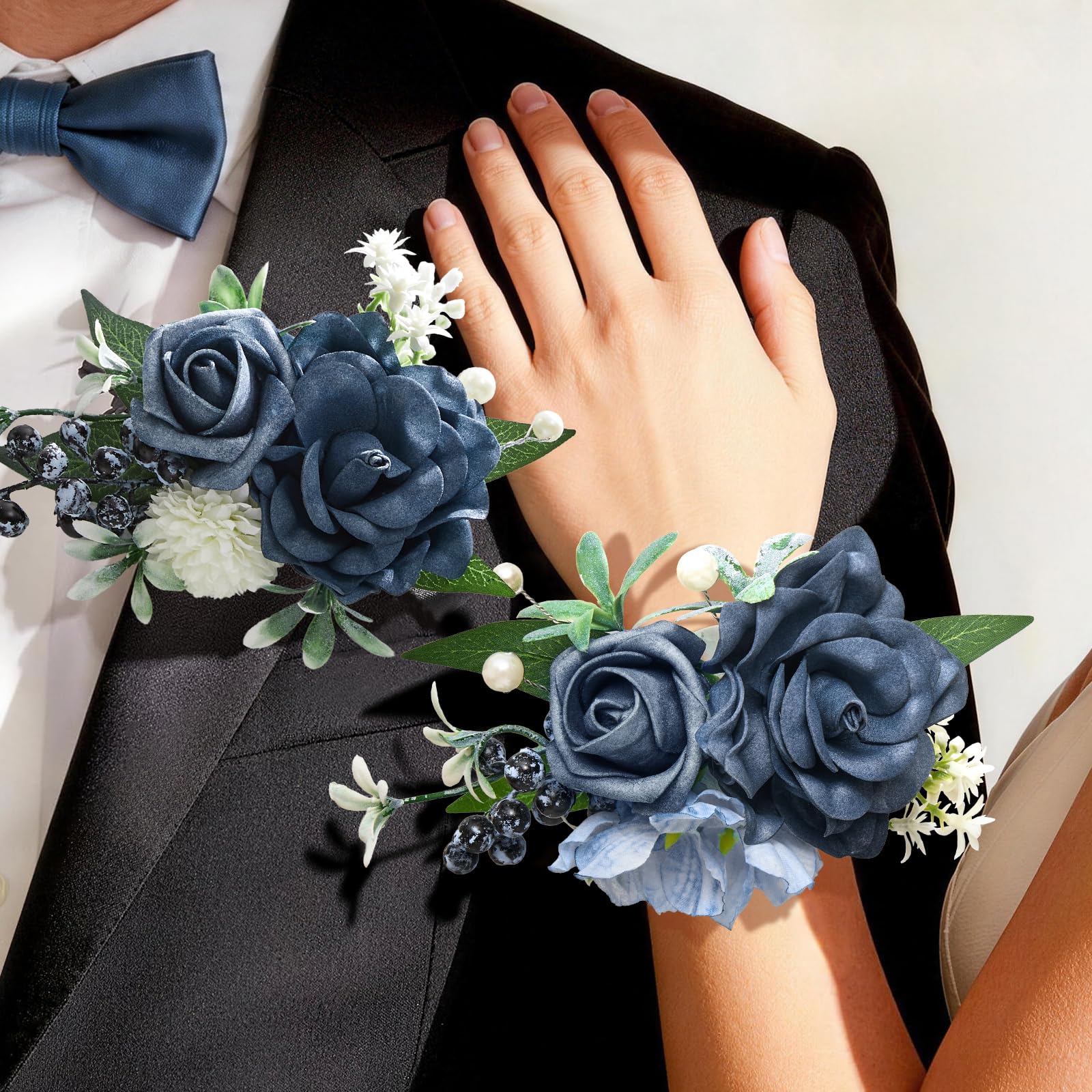 Faylifeway Blue Rose corsage and boutonniere close-up showing realistic petals and bright color.
