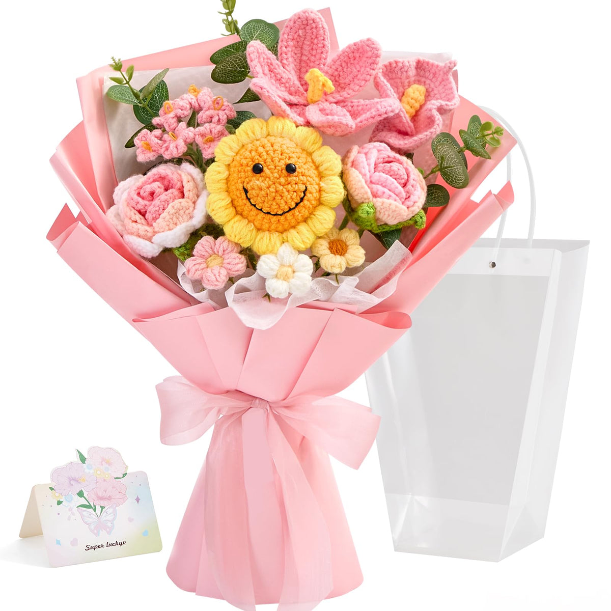 Faylifeway crochet flower bouquet pink sunflower closeup shows soft cotton petals