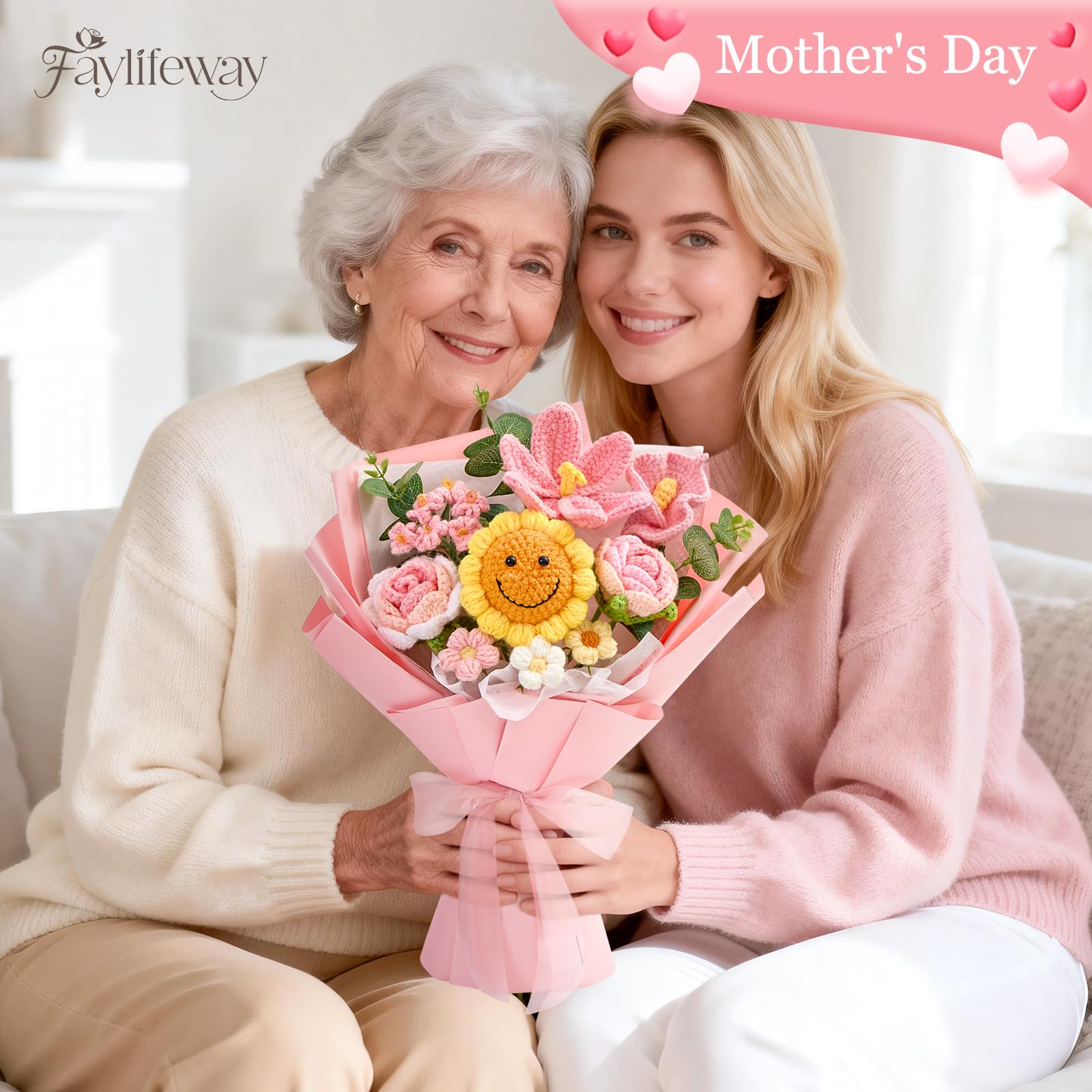 Faylifeway crochet flower bouquet pink sunflower full bouquet displays lush color