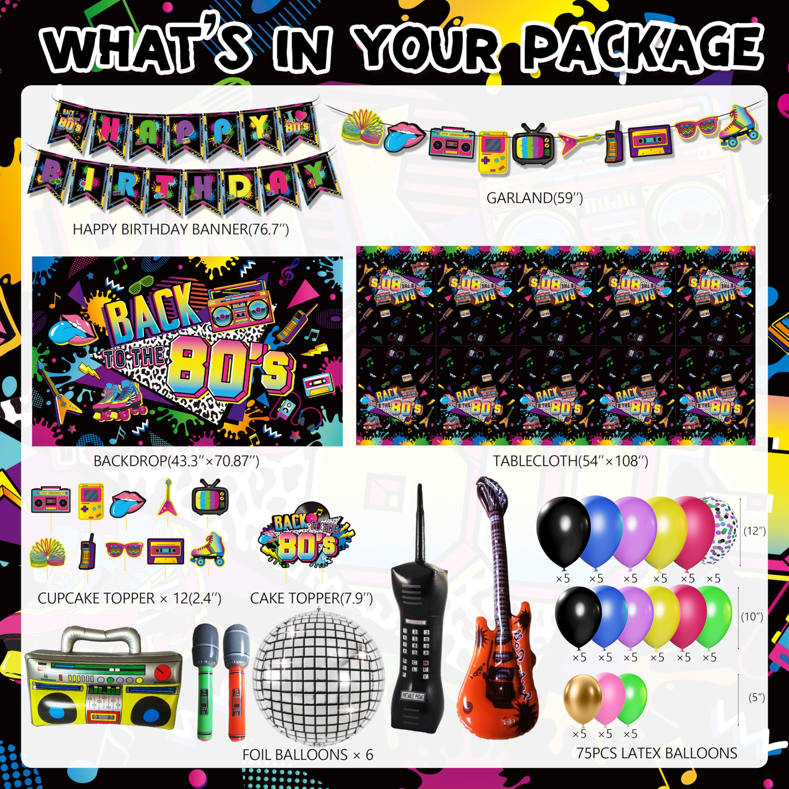 Fayoo 80s party tablecloth with bright, waterproof print.