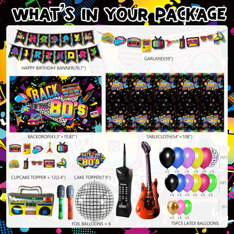 Fayoo 80s party tablecloth with bright, waterproof print.