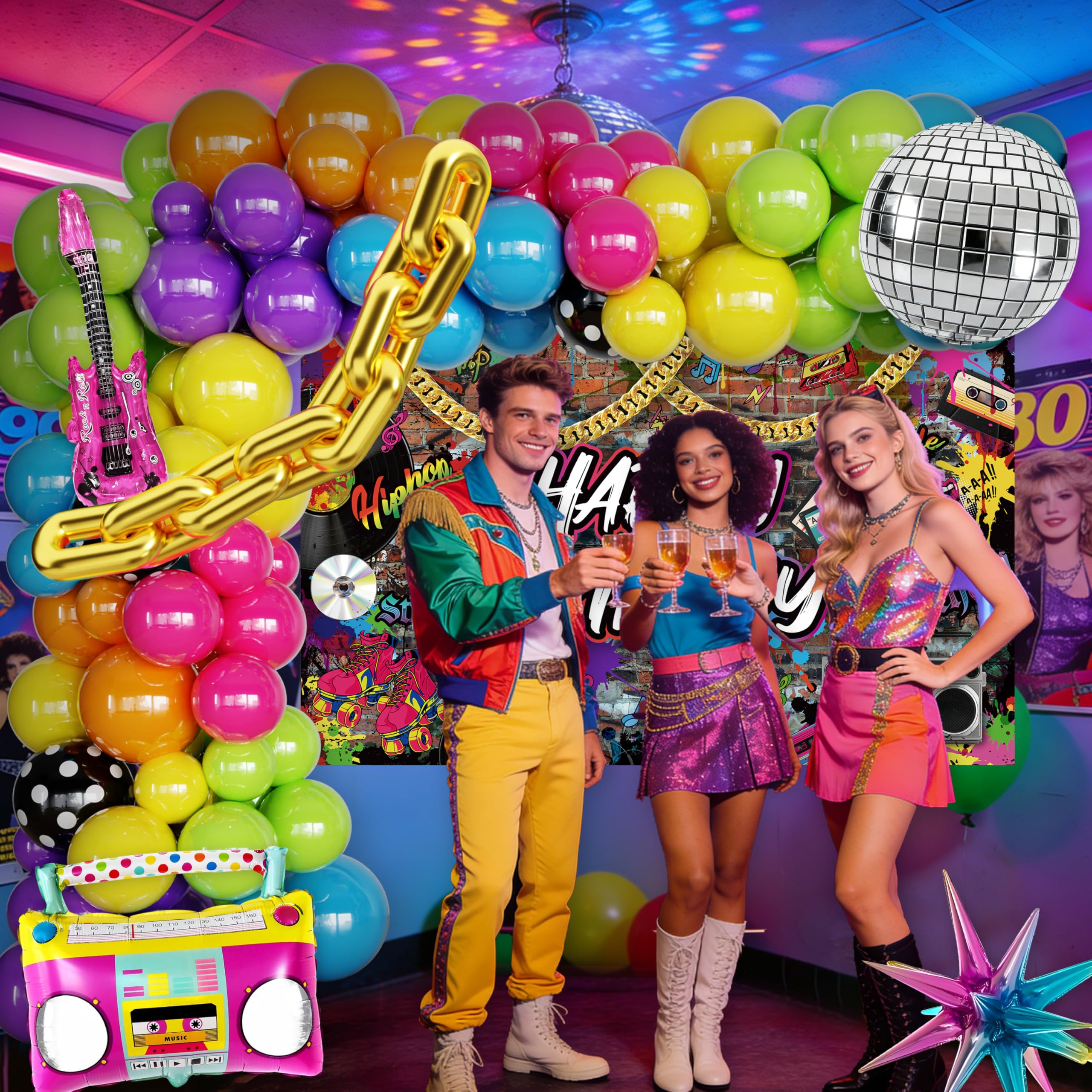 Fayoo explosion star foil balloon accents create dynamic retro decor.