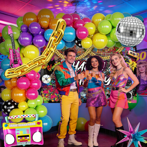 Fayoo explosion star foil balloon accents create dynamic retro decor.