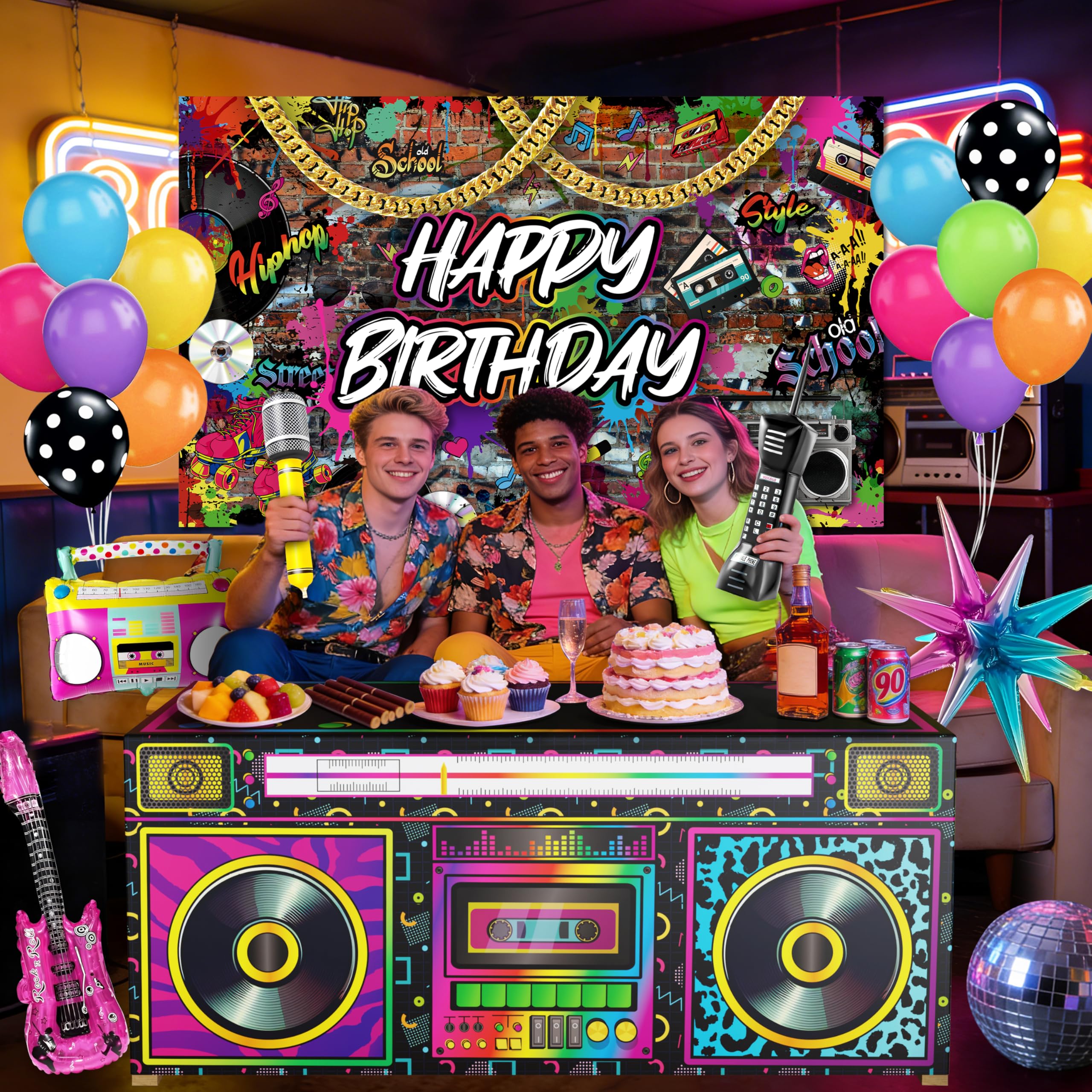 Fayoo radio foil balloon complements boombox decor for nostalgia.