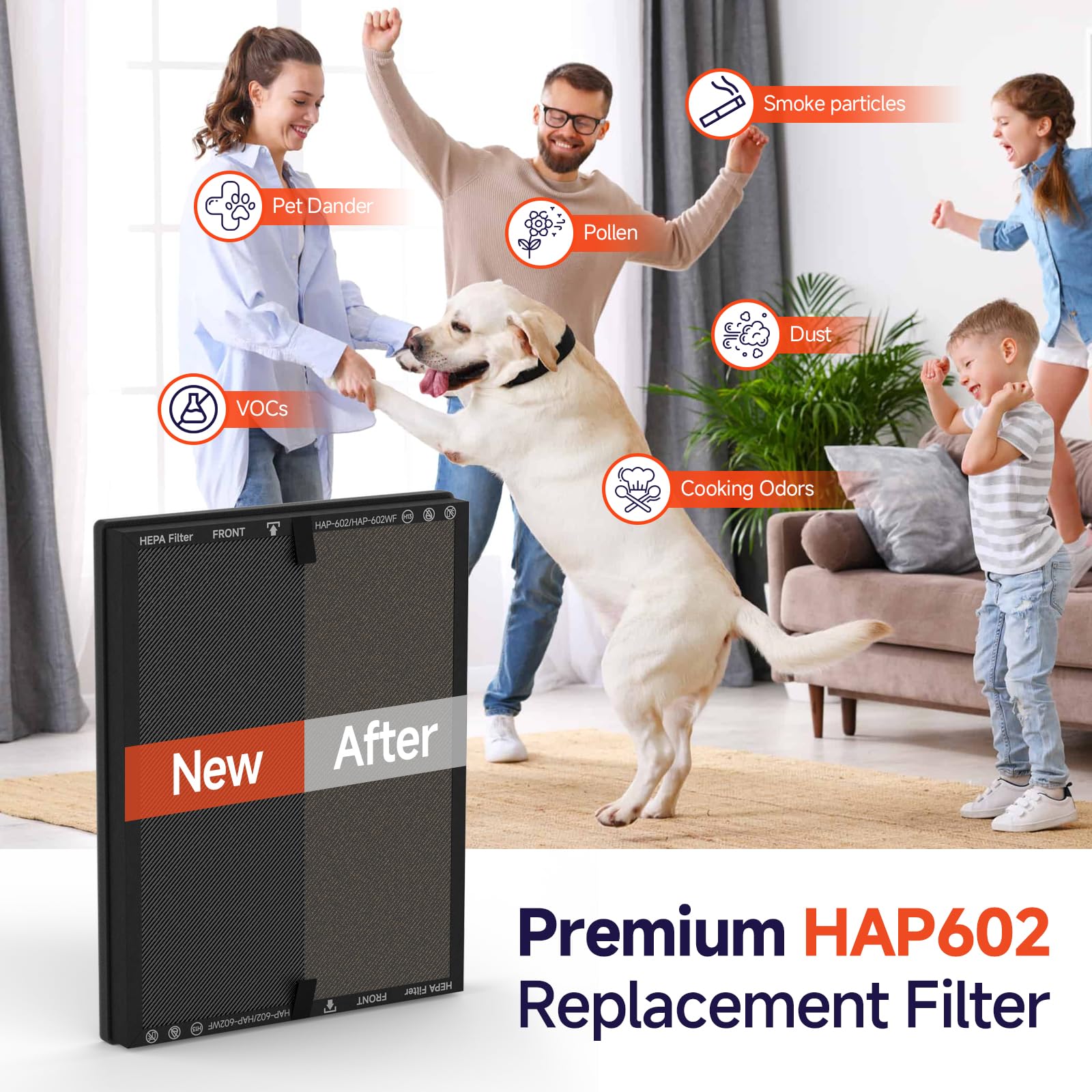 FCFMY HAP602 pre-filter demonstrates dust capture and dander reduction.