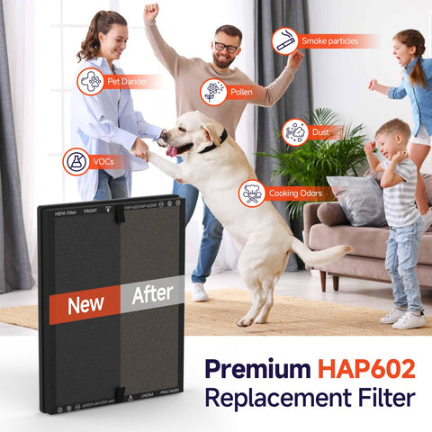 FCFMY HAP602 pre-filter demonstrates dust capture and dander reduction.