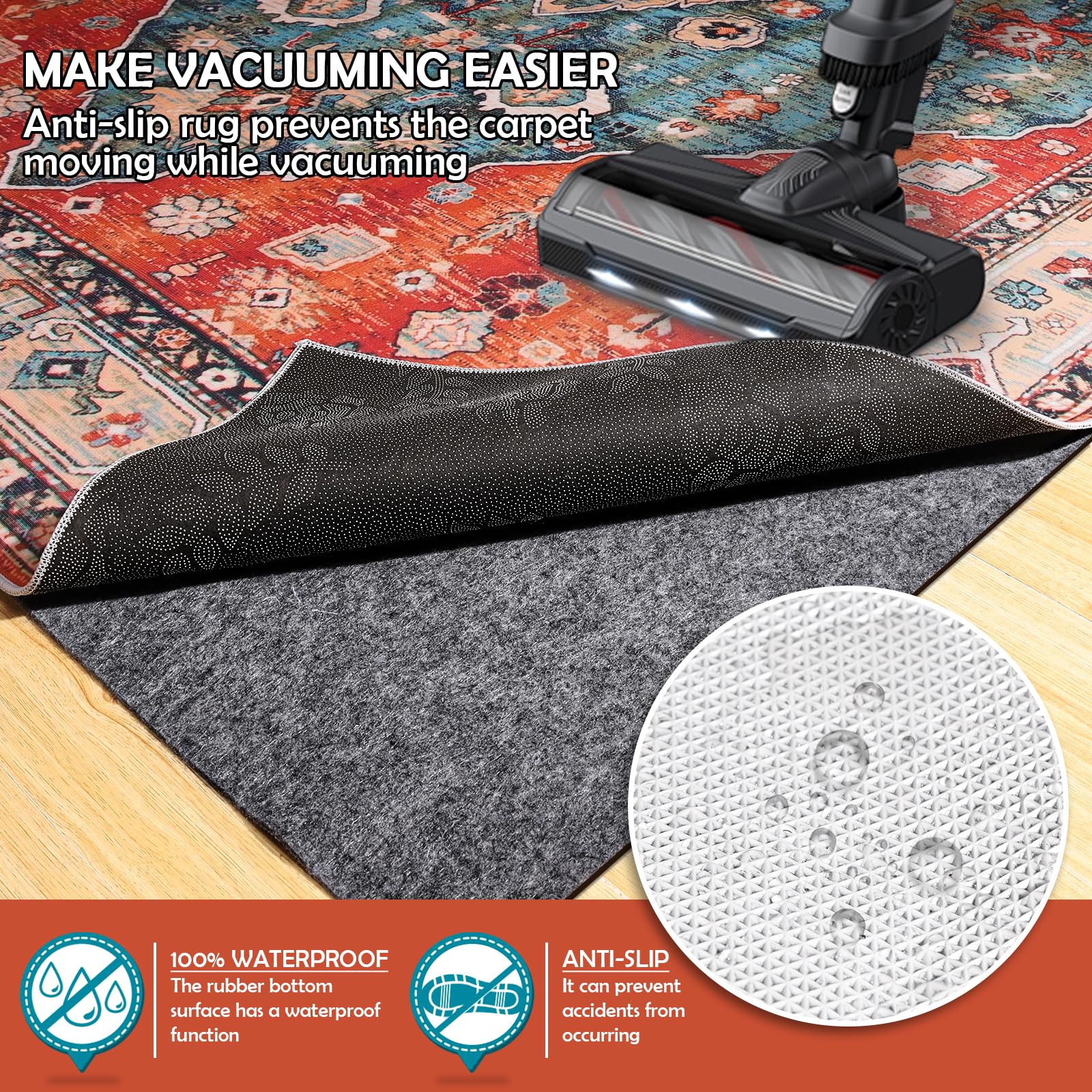 Fchuswty non-slip rug pad underside keeps rugs secure on hardwood and tile