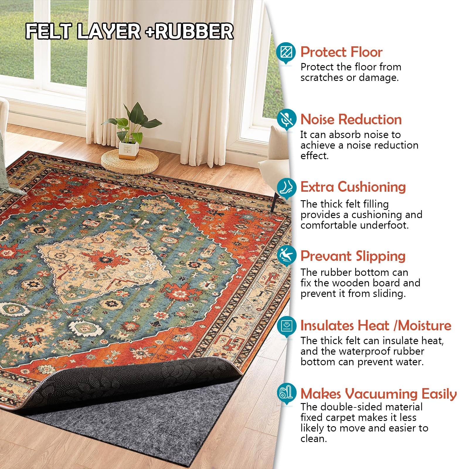 Fchuswty rug pad for hardwood floors prevents wrinkles and buckling.