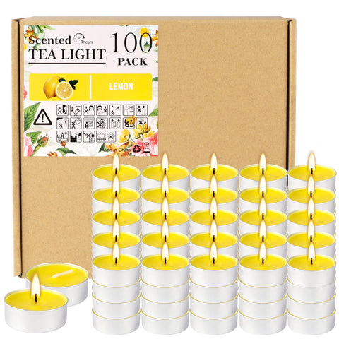 Fclayvts lemon-tealights 100-pack deliver a fresh citrus aroma for mood-setting dinners.