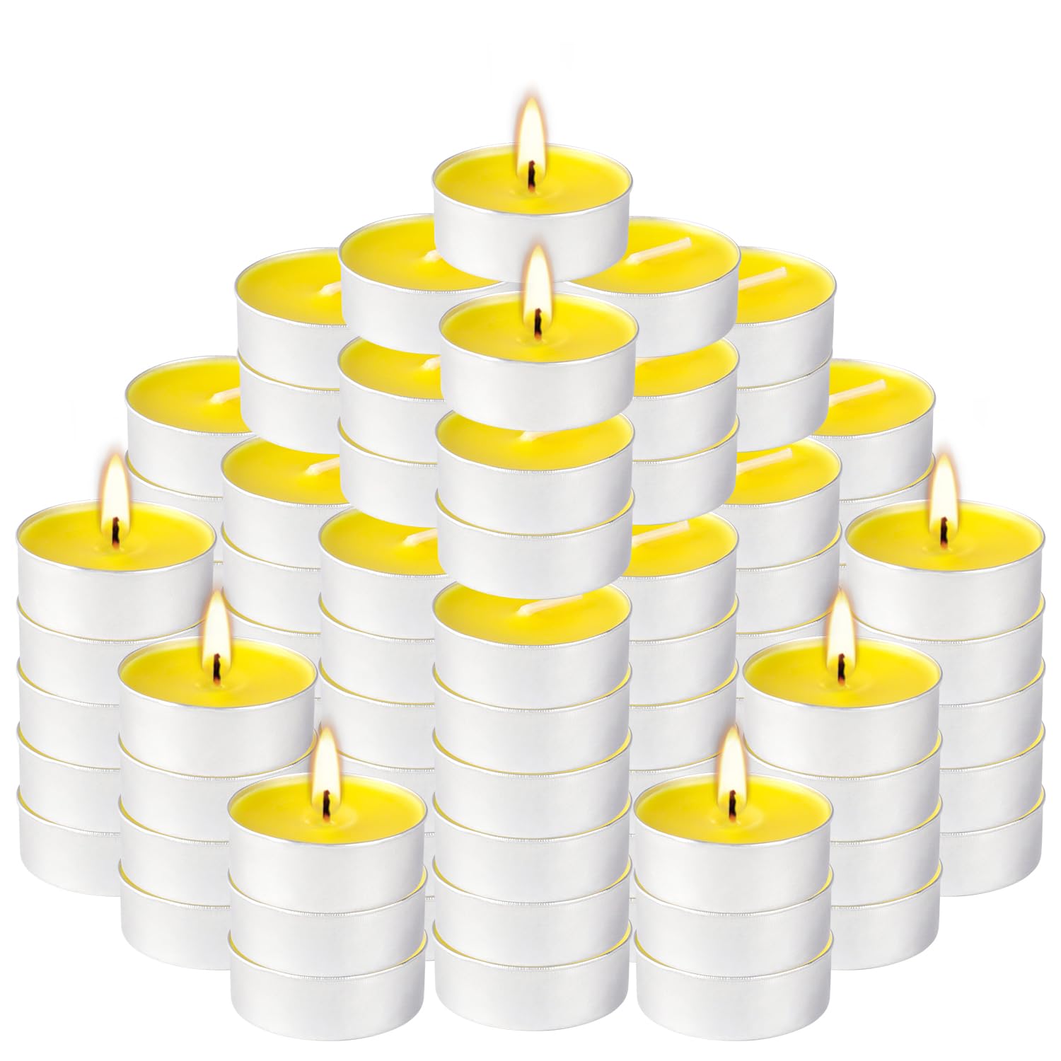 Fclayvts yellow-tealights-pack adds warm color to living spaces and celebrations.