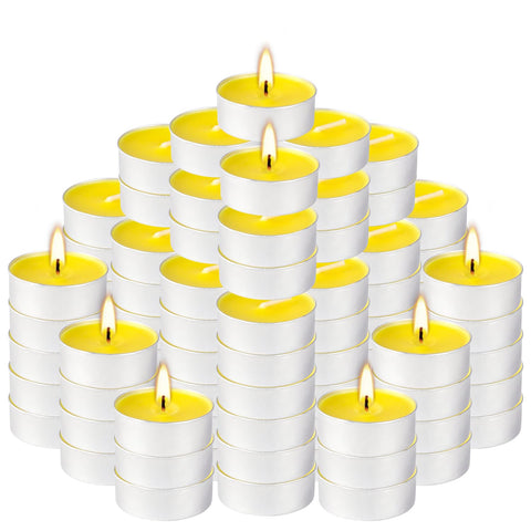 Fclayvts yellow-tealights-pack adds warm color to living spaces and celebrations.