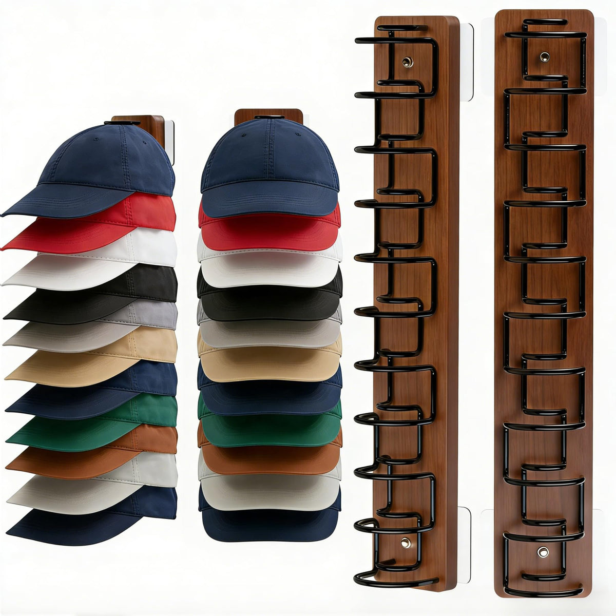 FDIDC hat rack on wall, wood and metal design for 22-cap storage.