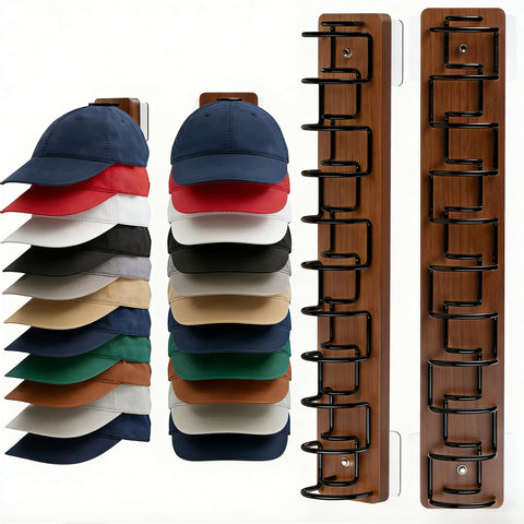 FDIDC hat rack on wall, wood and metal design for 22-cap storage.