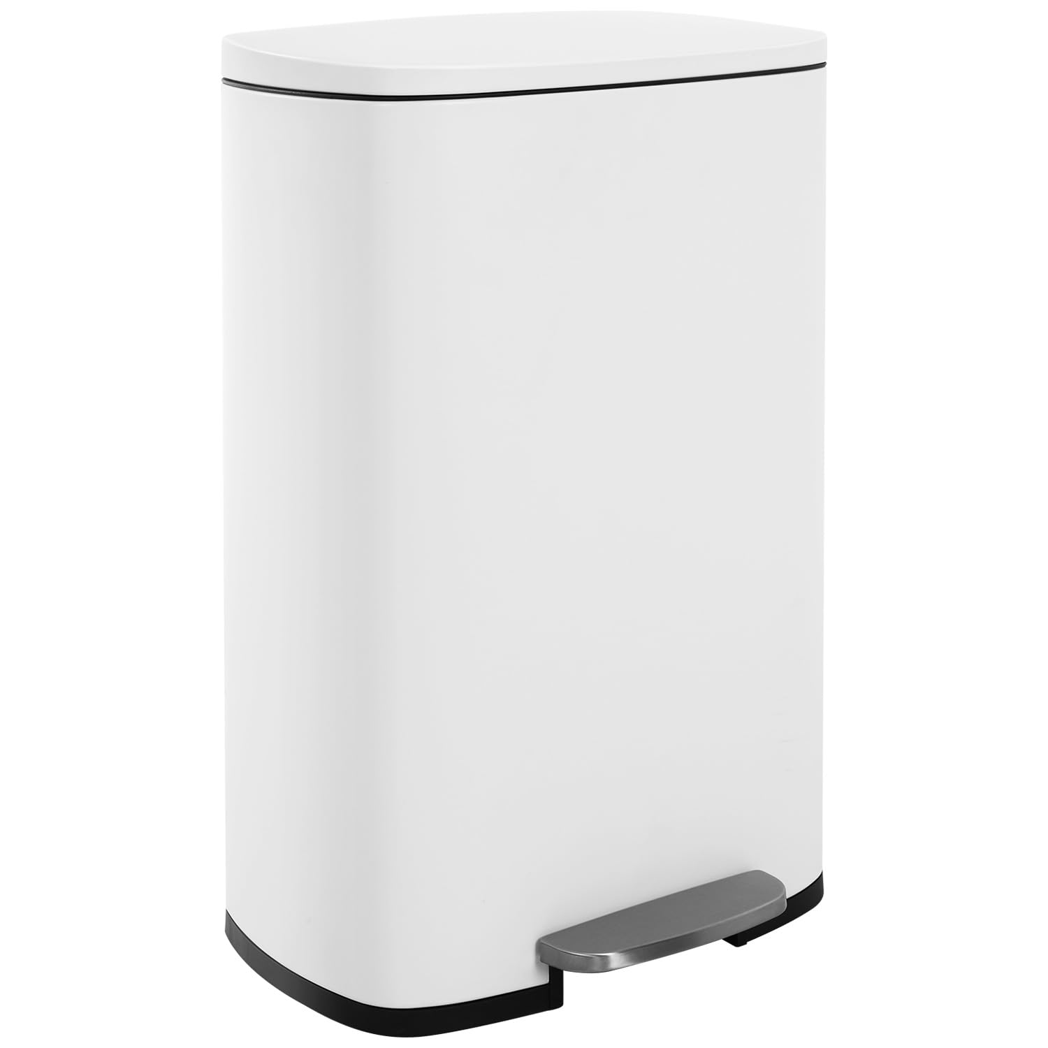 FDW 13-gallon trash can with a soft-close lid in brushed stainless steel for quiet kitchen use.