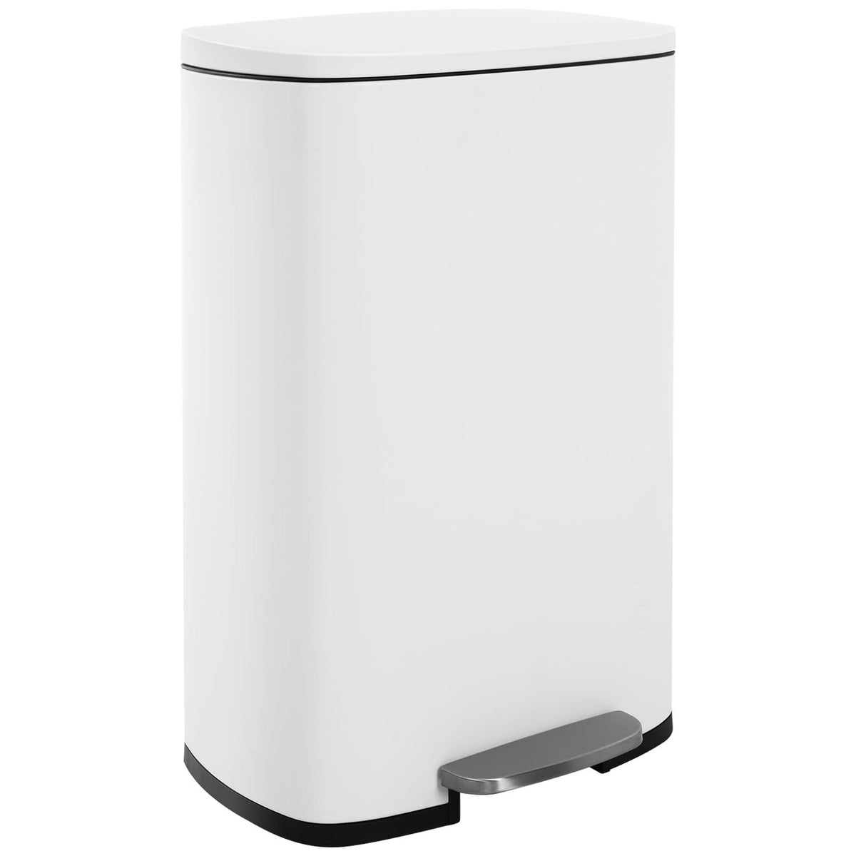 FDW 13-gallon trash can with a soft-close lid in brushed stainless steel for quiet kitchen use.
