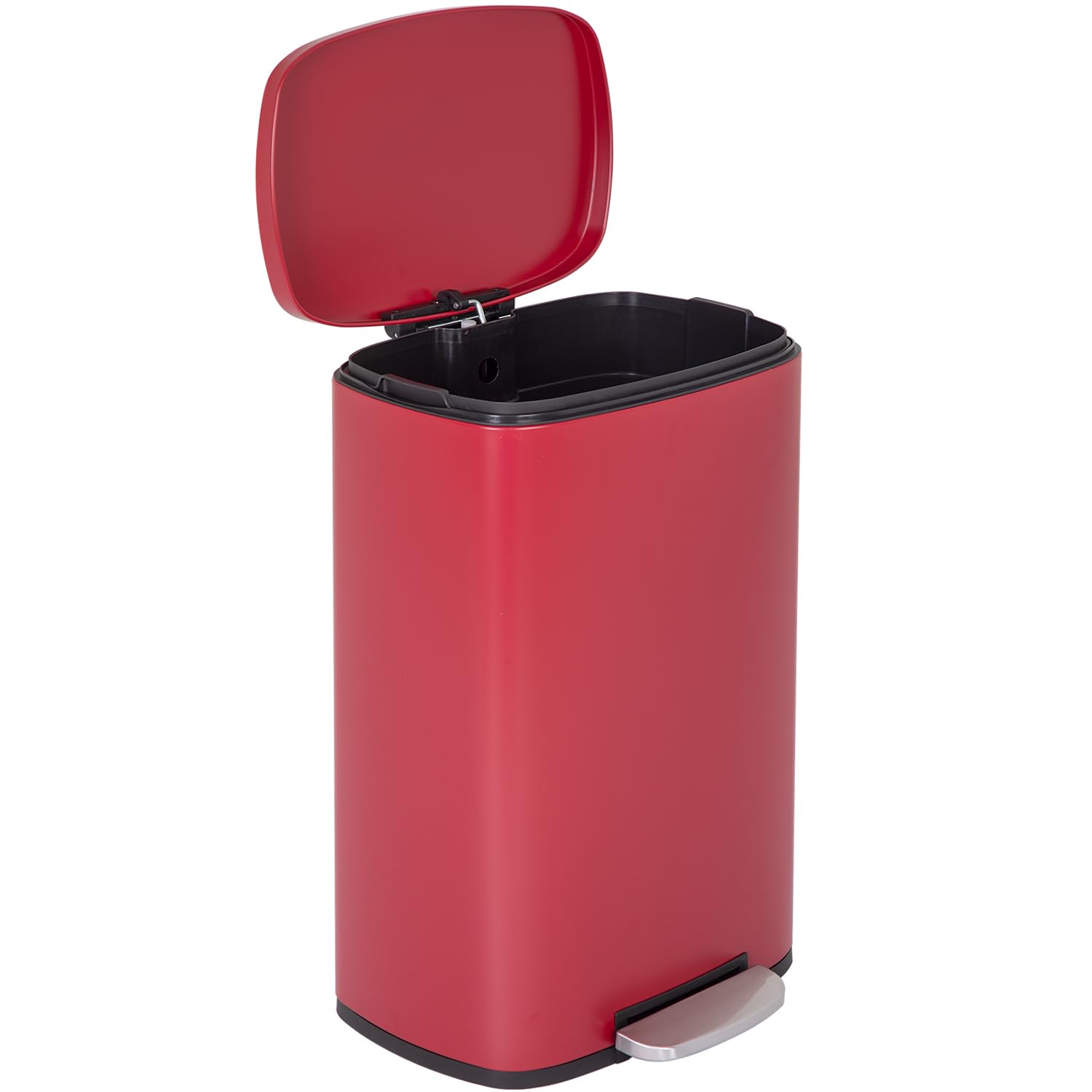 FDW 13-gallon trash can with lid in red offers spacious waste capacity for kitchens.
