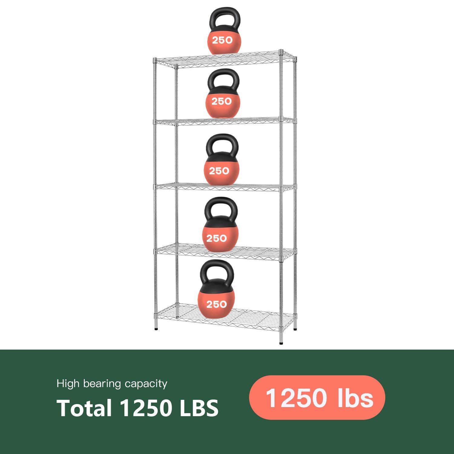 FDW 250 lbs per shelf capacity supports heavy cookware and pantry items