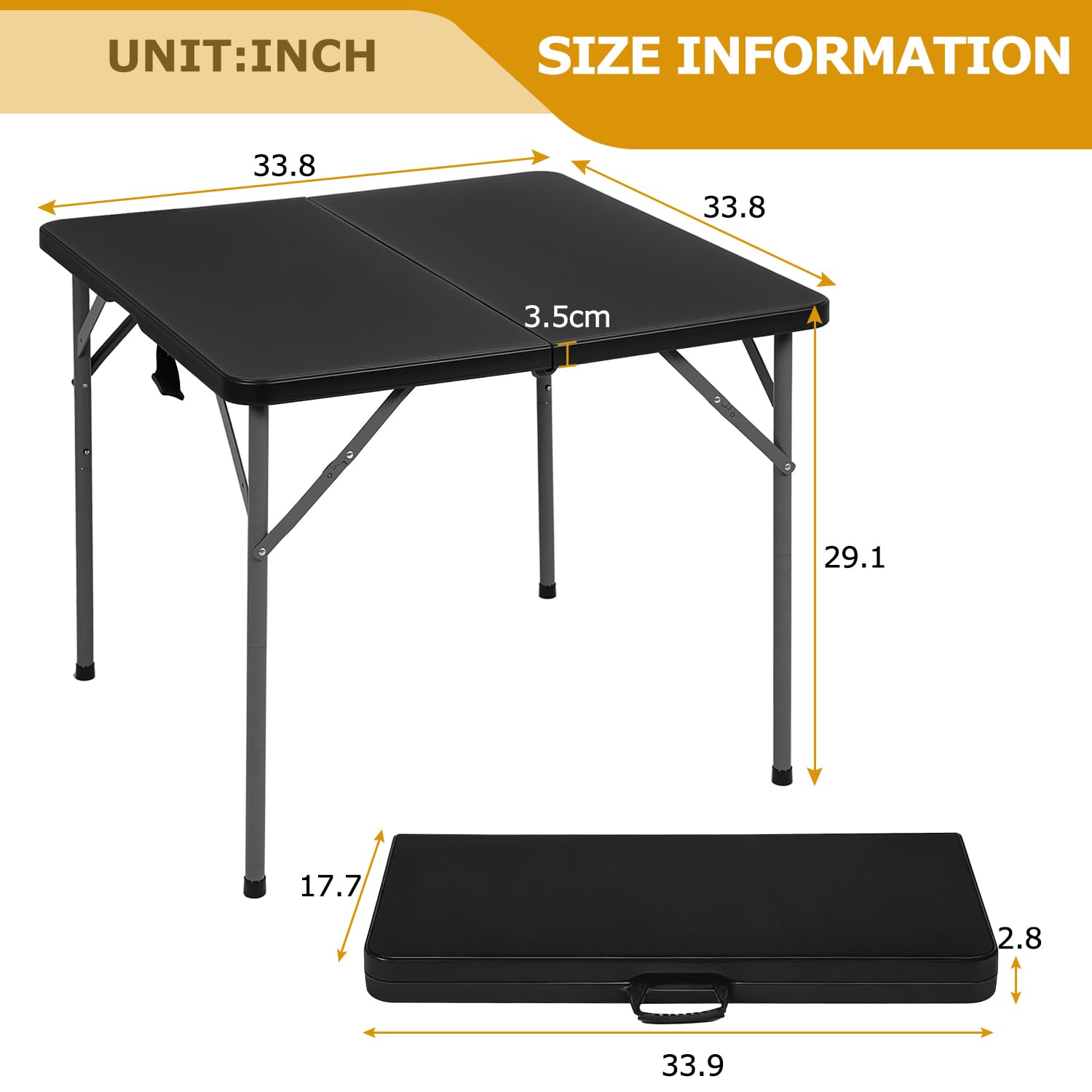 FDW 34-inch folding card table open, showing 34 by 34 inch surface.