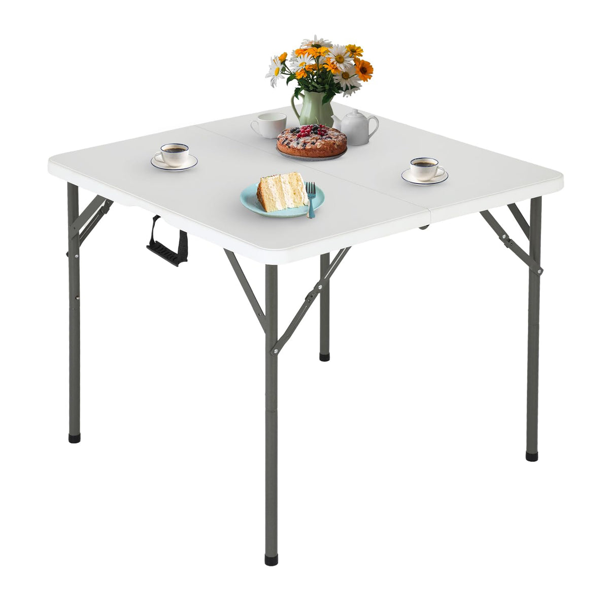 FDW 34-inch folding card table with white top, ideal for parties and backyard meals.