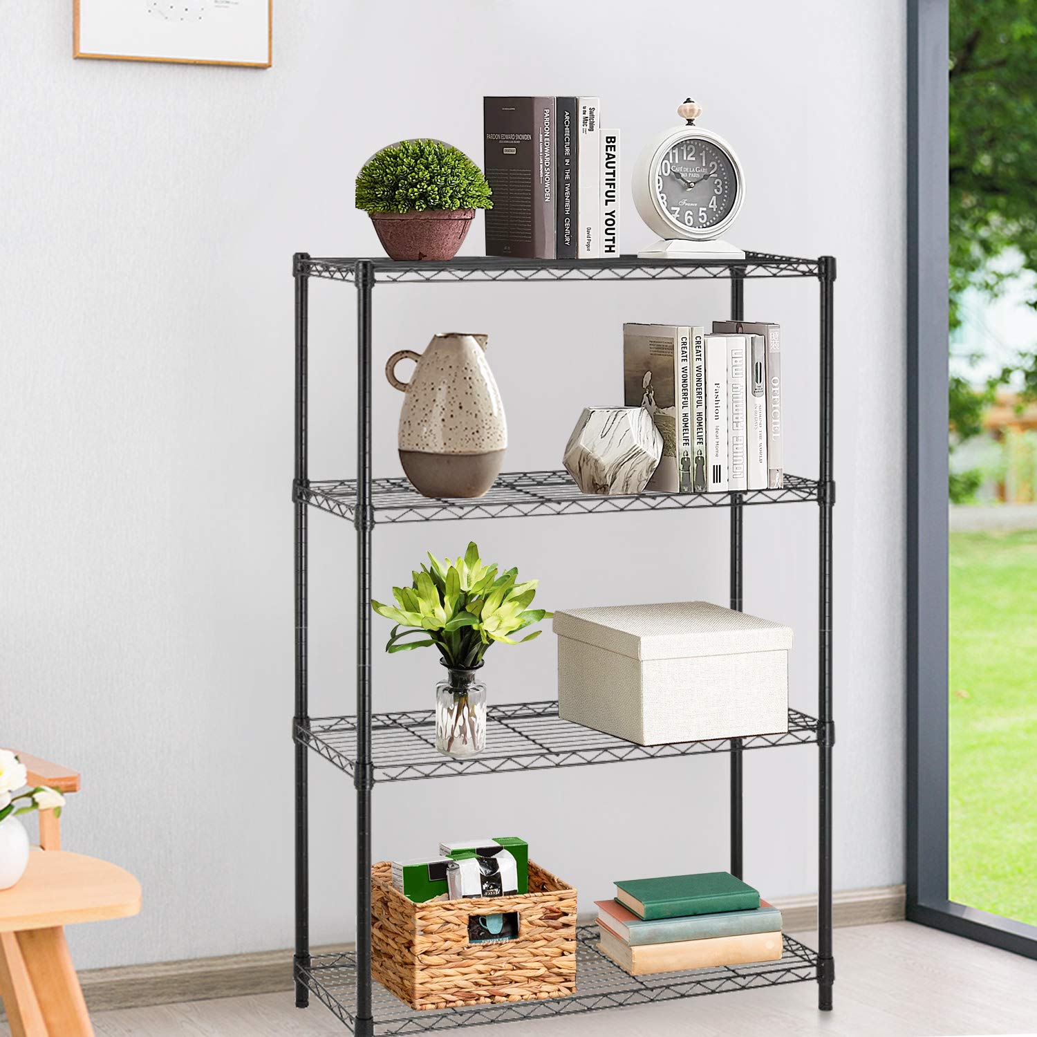 FDW 4-tier adjustable wire shelves closeup showing spacing options.