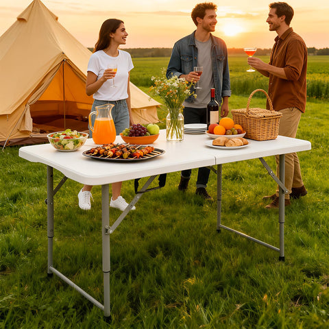 FDW 4FT folding table side angle shows sturdy powder-coated legs for stability