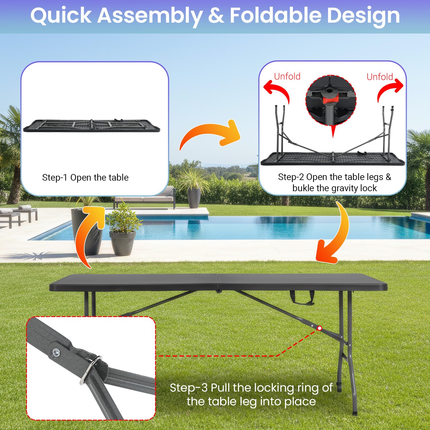 FDW 6ft folding table powder-coated legs for durable outdoor use.