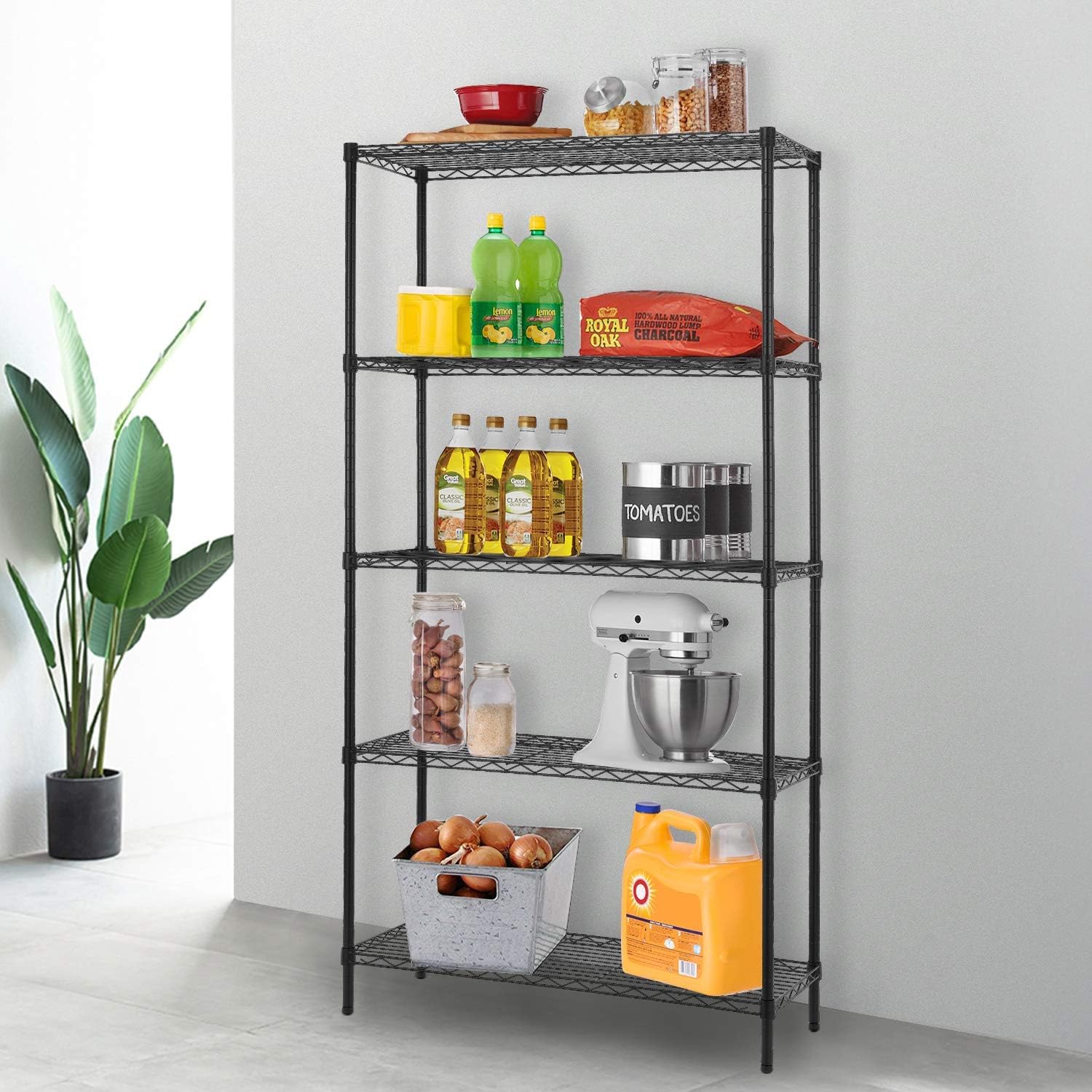 FDW adjustable shelves showing height customization for various items.