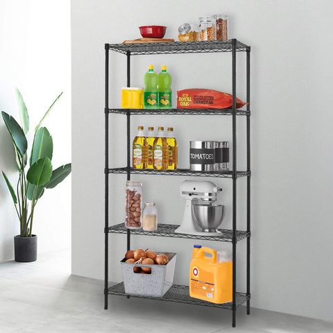 FDW adjustable shelves showing height customization for various items.