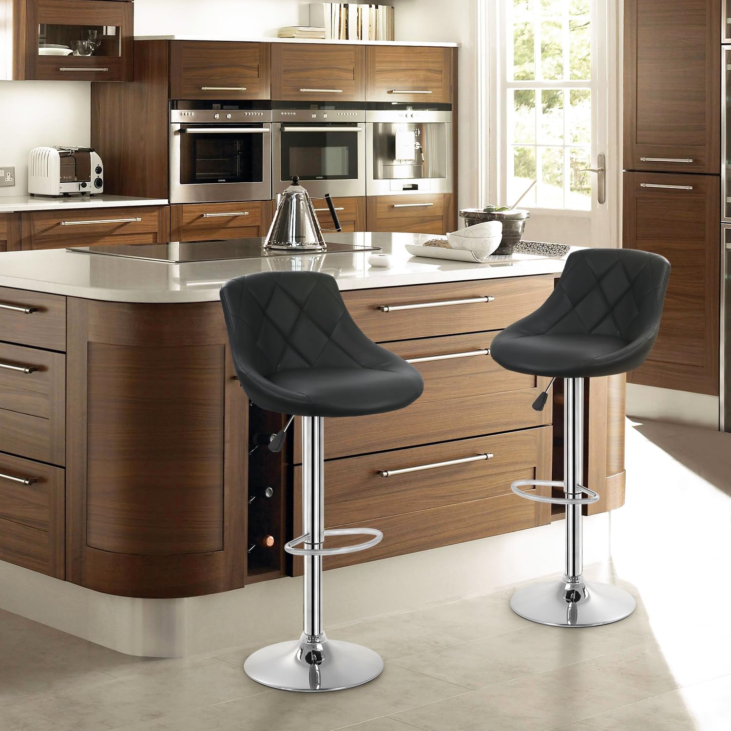 FDW bar stools padded-foam PU-leather cushions for lasting comfort.