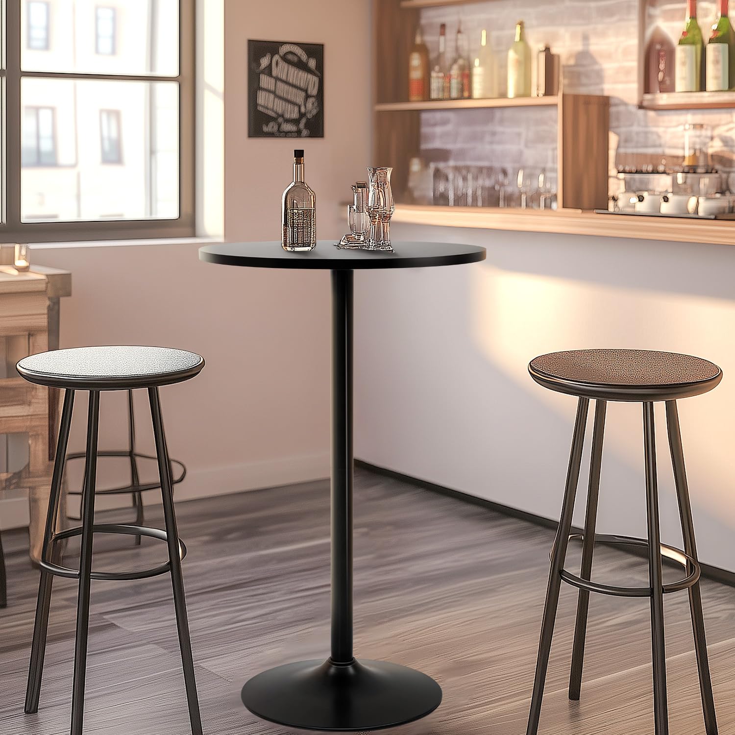 FDW bistro pub table with round wooden top creates warm casual dining area