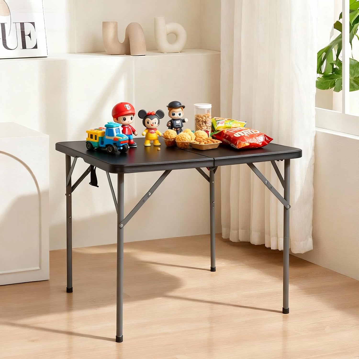 FDW white plastic tabletop on a clean surface, stain-resistant for meals.