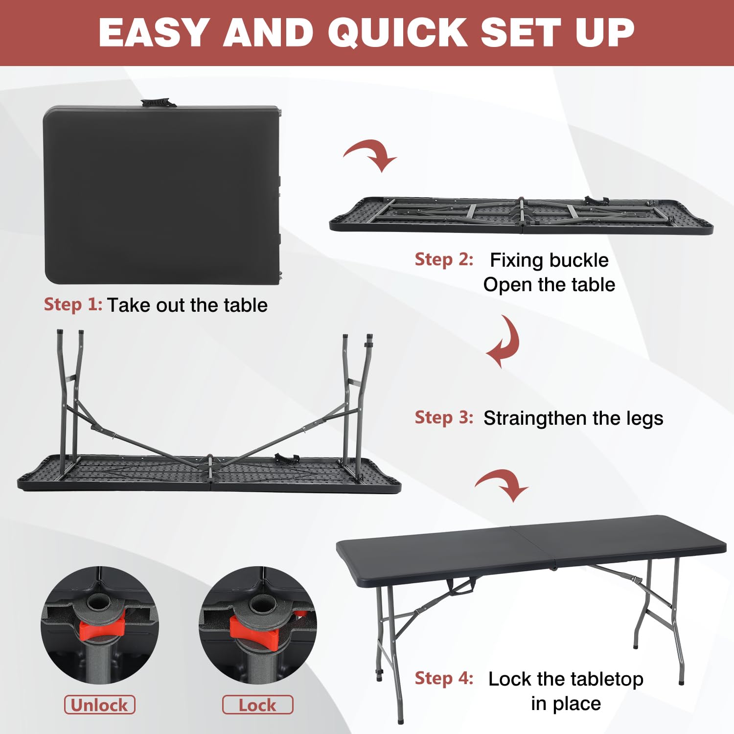 FDW folding table with powder-coated legs for sturdy support