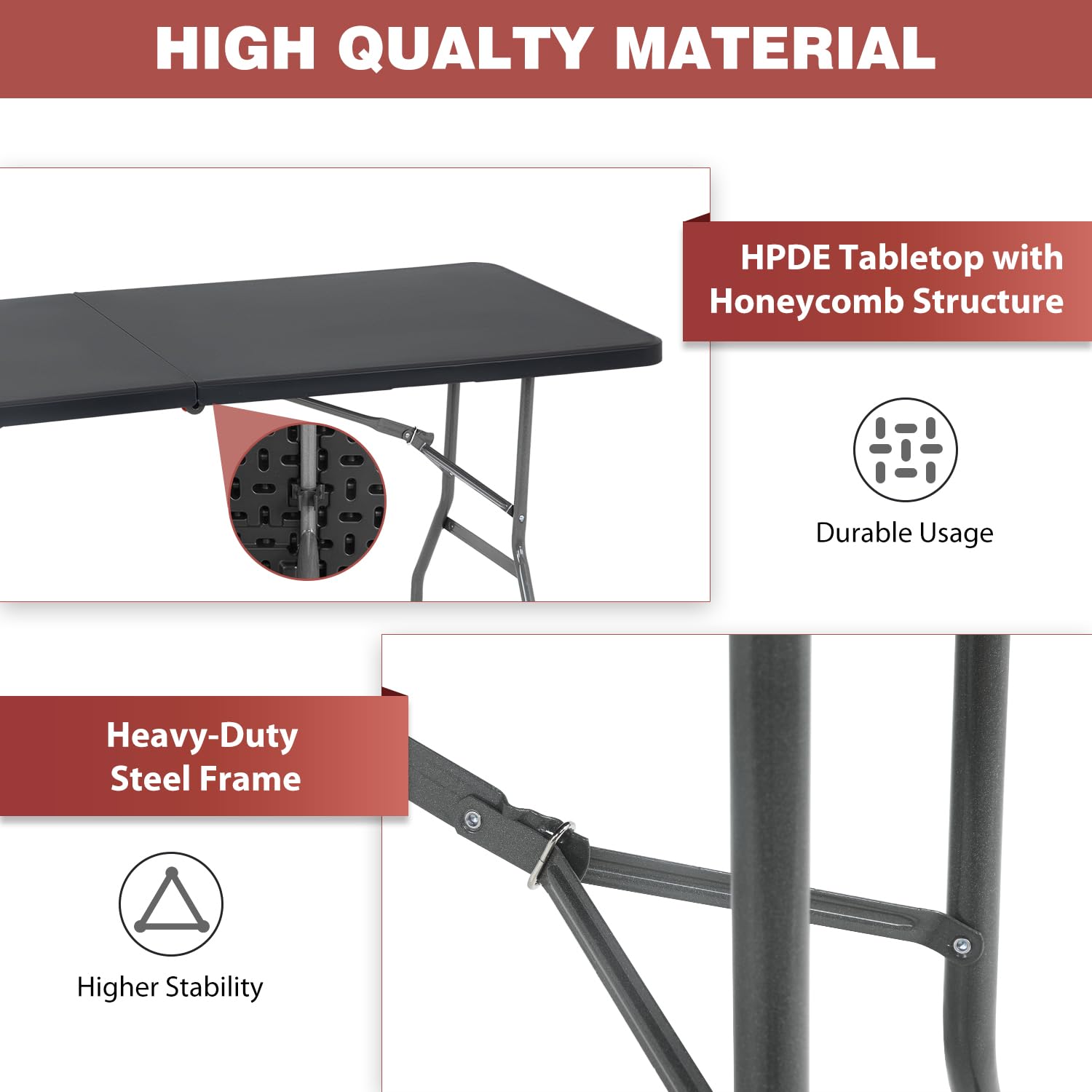 FDW folding table surface resists stains and cleans easily