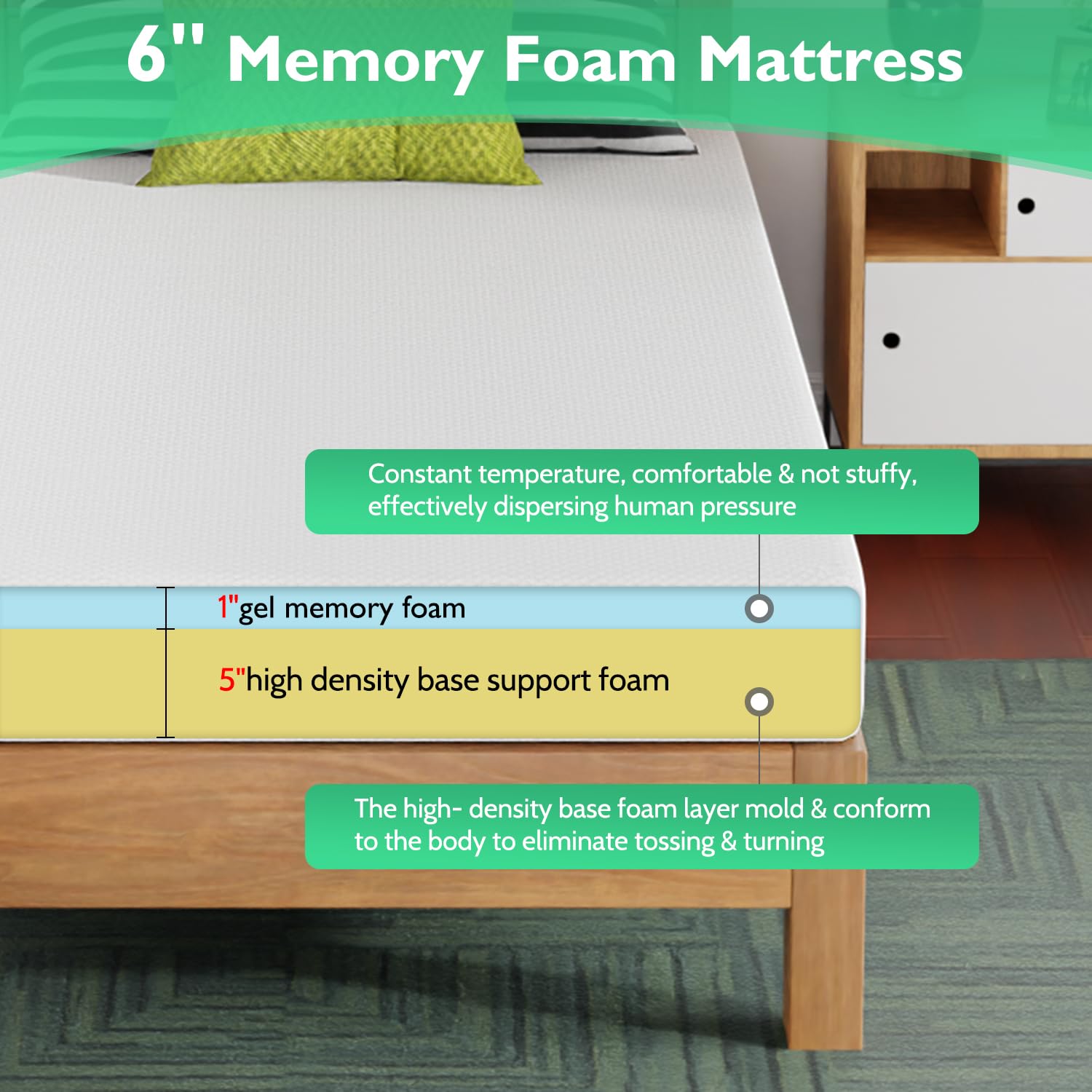 FDW dual-layer construction blends memory foam with a high-density base.