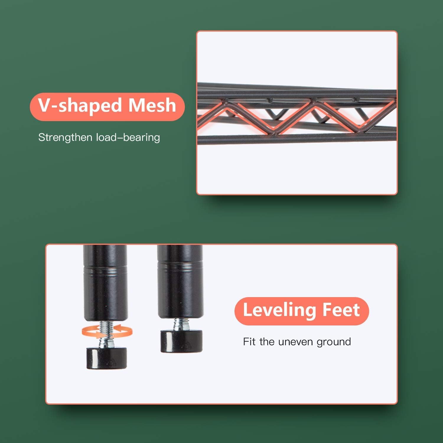 FDW rust-resistant black finish on the wire shelf unit.